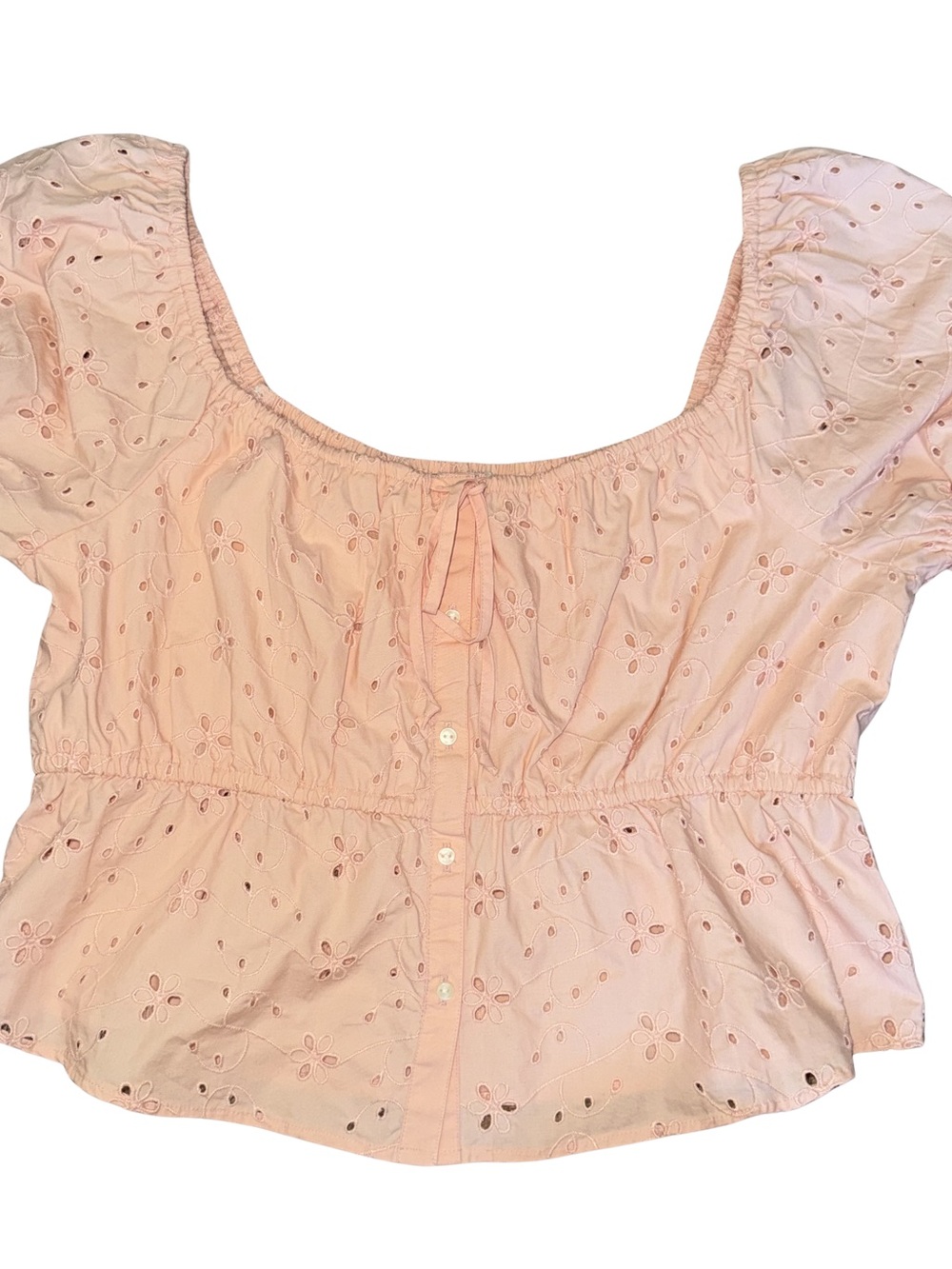 American Eagle Peach Eyelet Peasant Blouse Puff Sleeve Large